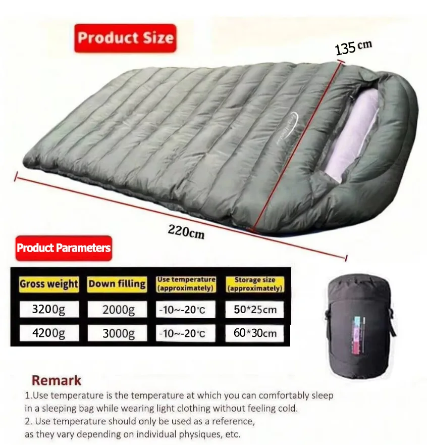 Outdoor camping, mummy style, double sleeping bag, 93% duck down 2000g filling, thickened, cold-proof and warm, adult sleeping b - Image 2