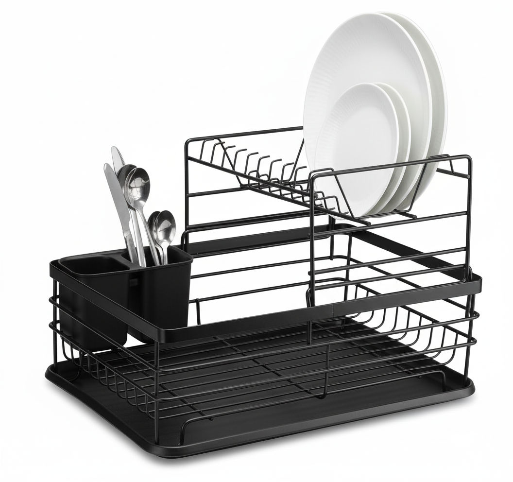 CARLA HOME 2-Tier Dish Drying Rack for Kitchen Counter with Removable Drip Tray, Utensil Holder and Cutlery Organizer (Black) - Image 8