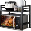 CARLA HOME 2-Tier Microwave Oven Rack with Adjustable Metal Kitchen Shelf Stand for Countertop Storage and 6 Hooks for Utensils (Black)