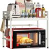 CARLA HOME 2-Tier Microwave Oven Rack with Adjustable Metal Kitchen Shelf Stand for Countertop Storage and 6 Hooks for Utensils (White)